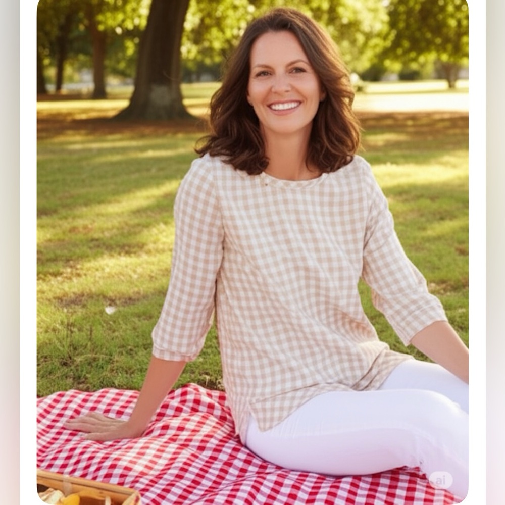 J.Jill Plaid Tan and White Plaid Lightweight Blouse - Picture 1 of 7